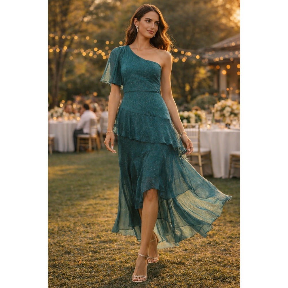 Floret Studios‎ One Shoulder Chiffon Midi Dress Teal Tiered NWT M